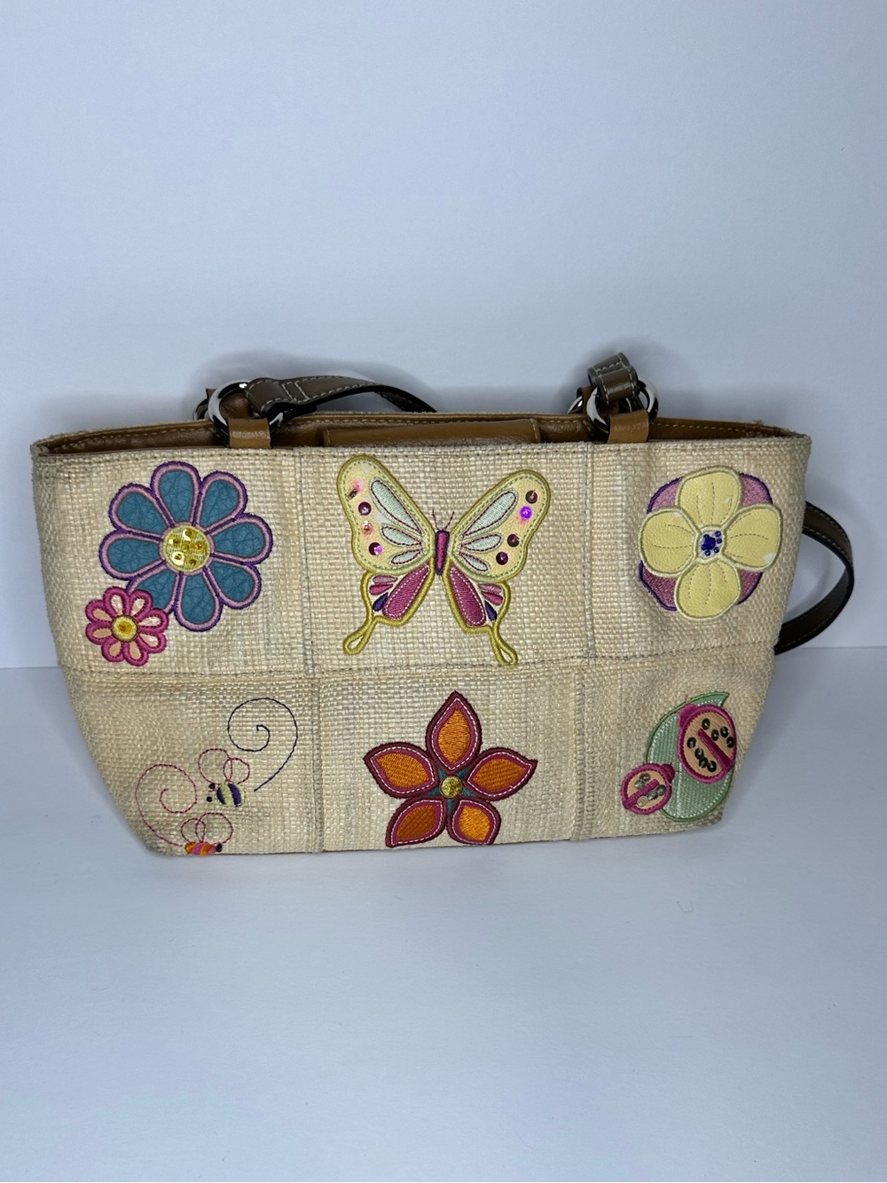 Y2K Straw Shoulder Bag by Rossetti Embroidered Butterfly & Floral